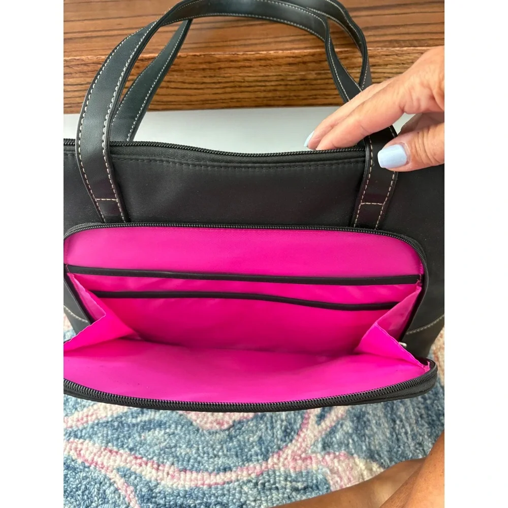 Black Nylon Laptop Tote Bag Pink Lining Professional Work Briefcase Shoulder Bag